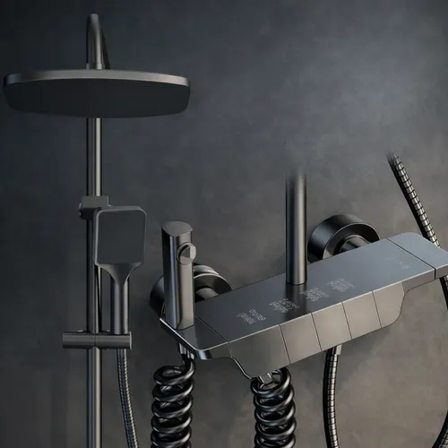Columna de ducha multifunción de acero inoxidable instalada en baño moderno